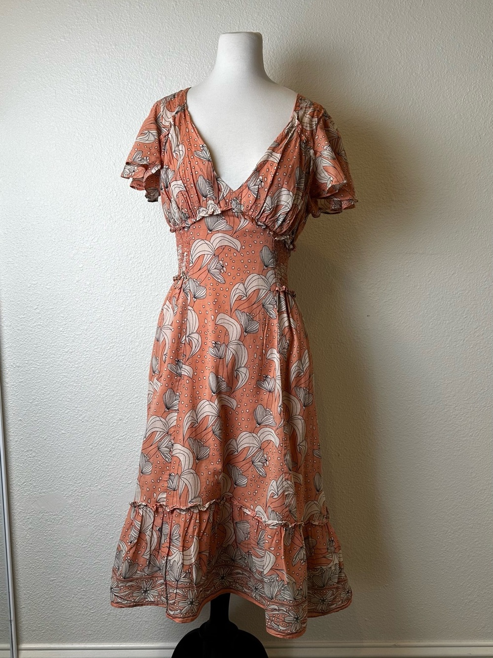 Max Studio Peach-Orange Floral Midi Dress